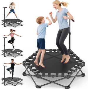 mini fitness trampoline with adjustable handle bar, black, indoor exercise rebounder for kids, foldable frame