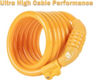 etronic bike lock m6, cable lock 6 feet long coiled security resettable combo combination lock bicycle lock with mounting bracket