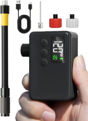 mini bike tire air pump: fast inflate portable small bicycle electric pump for presta and schrader valves, 120 psi high pressure pump with digital gauge for road bike, mountain bike, e bike