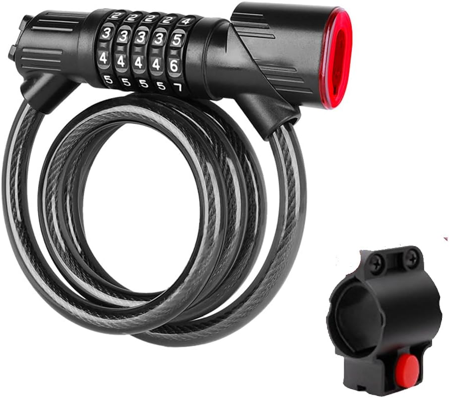5 digit combination cable bike lock, bike lock and tail light set, bike taillight with 5 lighting modes and anti theft lock, resettable combination bike lock, scooters, and 5 digit combination cable bike lock, bike lock and tail light set, bike taillight with 5 lighting modes and anti theft lock, resettable combination bike lock, scooters, and