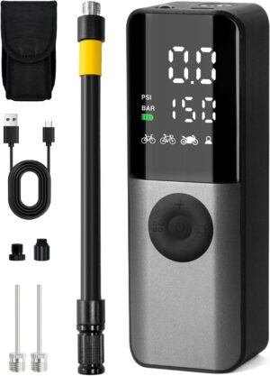 bg01 portable bike tire air pump for presta, schrader, dunlop valve, fast inflation 150psi electric bicycle inflator with digital pressure gauge suitable for road bike, mountain bike, e bike