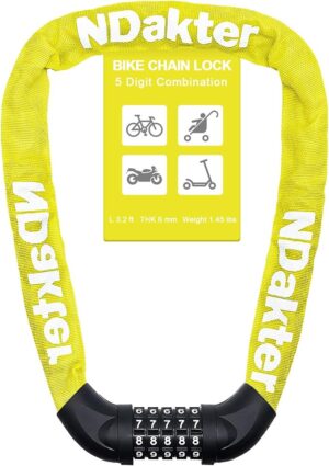 ndakter bike lock, 5 digit combination heavy duty anti theft bicycle chain lock, 2.62/3.2/4.27/5/6ft long, high security resettable, suitable for bike, scooter, door, gate, fence 4/6mm thick (copy)