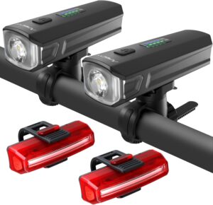 2 pack bike lights for night riding, 1200 lumen bicycle front headlight and back taillight with 4+5 light modes, usb rechargeable strong bright bike light set for cyclists and commuters