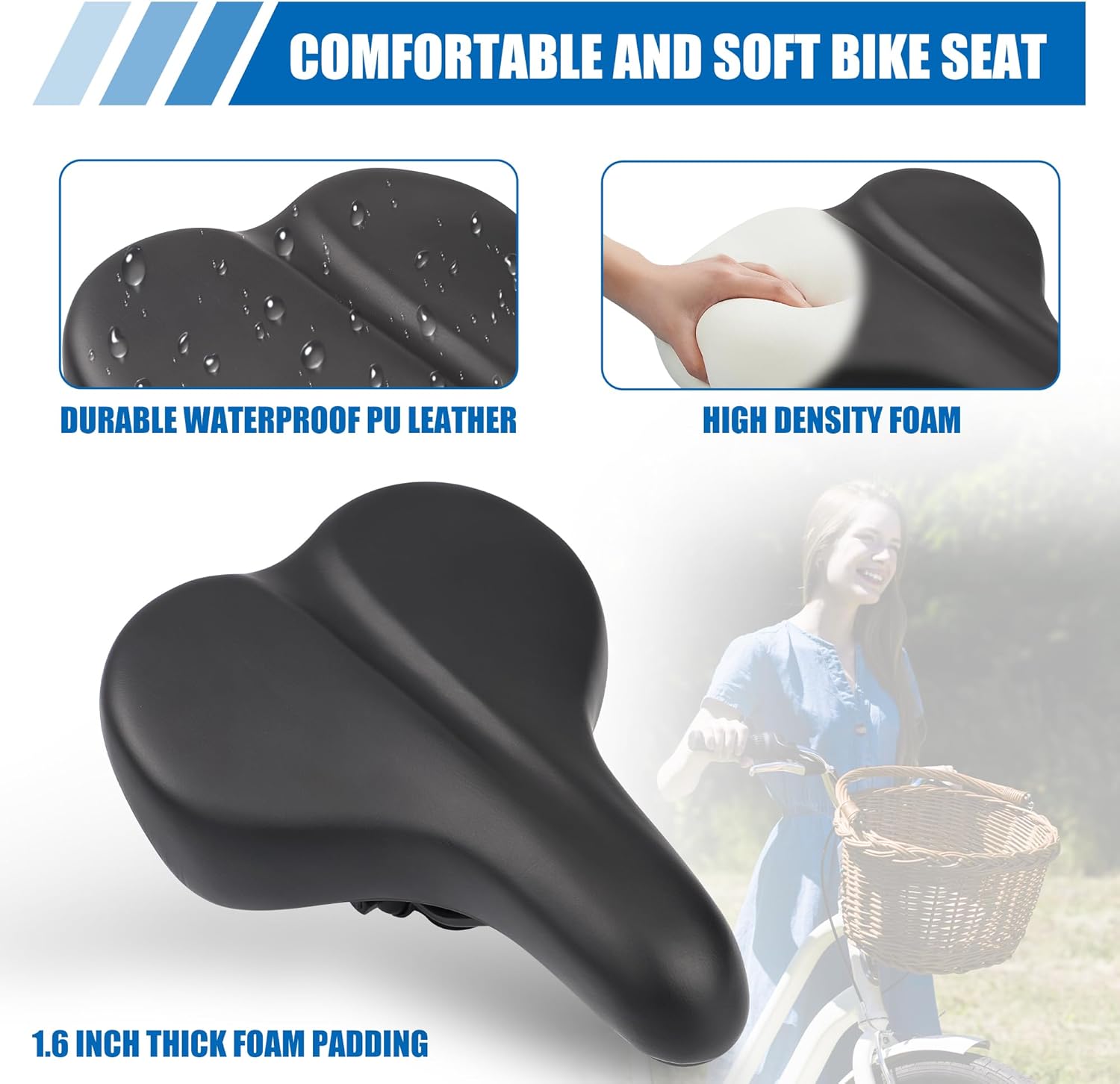 comfortable bike saddle – ergonomic design with waterproof pu leather, universal fit for cruiser, e bike, mountain & commuter bikes | adjustable clamp & 1.6" thick foam for ultimate comfort ,black comfortable bike saddle – ergonomic design with waterproof pu leather, universal fit for cruiser, e bike, mountain & commuter bikes | adjustable clamp & 1.6" thick foam for ultimate comfort ,black