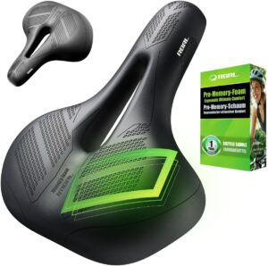 rbrl bike seat – comfortable, wide pro memory foam bike seat cushion with double shock absorption, waterproof bicycle saddle, exercise bike seat for bmx, mtb & road