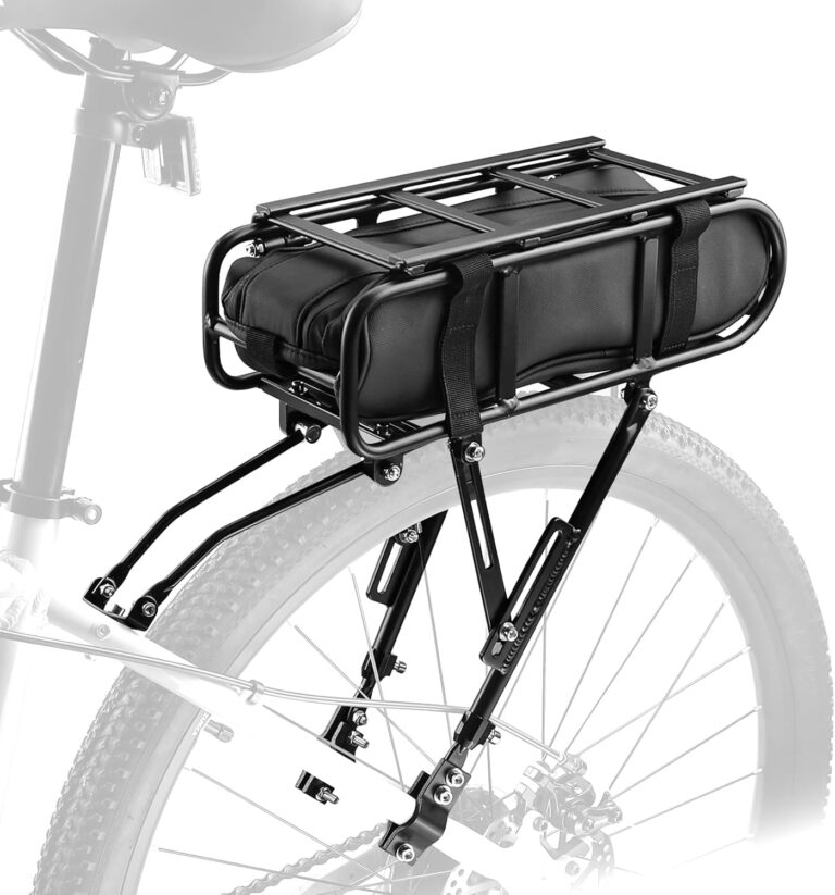 aluminum rear bike rack universal adjustable touring carrier with 55lbs load capacity, quick release system & 5l waterproof multifunctional bag