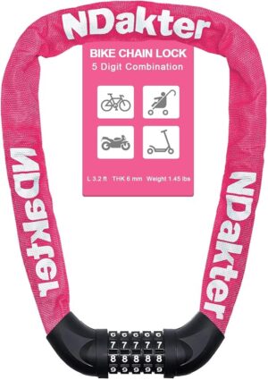 ndakter bike lock, 5 digit combination heavy duty anti theft bicycle chain lock, 2.62/3.2/4.27/5/6ft long, high security resettable, suitable for bike, scooter, door, gate, fence 4/6mm thick