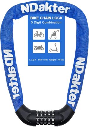 ndakter bike lock, 5 digit combination heavy duty anti theft bicycle chain lock, 2.62/3.2/4.27/5/6ft long, high security resettable, suitable for bike, scooter, door, gate, fence 4/6mm thick (copy)