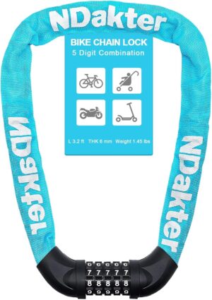 ndakter bike lock, 5 digit combination heavy duty anti theft bicycle chain lock, 2.62/3.2/4.27/5/6ft long, high security resettable, suitable for bike, scooter, door, gate, fence 4/6mm thick (copy)