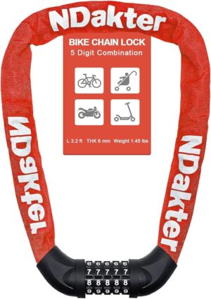 ndakter bike lock, 5 digit combination heavy duty anti theft bicycle chain lock, 2.62/3.2/4.27/5/6ft long, high security resettable, suitable for bike, scooter, door, gate, fence 4/6mm thick (copy)