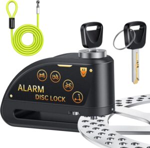 onvian rechargeable motorcycle lock with 120db alarm and 6ft steel reminder cable, for 7mm pin motorcycles bicycles ebike scooter moped (black)