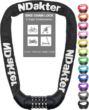 ndakter bike lock, 5 digit combination heavy duty anti theft bicycle chain lock, 2.62/3.2/4.27/5/6ft long, high security resettable, suitable for bike, scooter, door, gate, fence 4/6mm thick