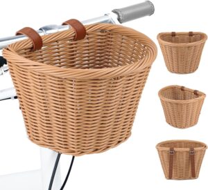 wicker bike basket front cargo,ebike basket for cargo，front handlebar storage basket waterproof with adjustable leather straps,for dog/grocery shopping/pet carrier,fits most bicycles