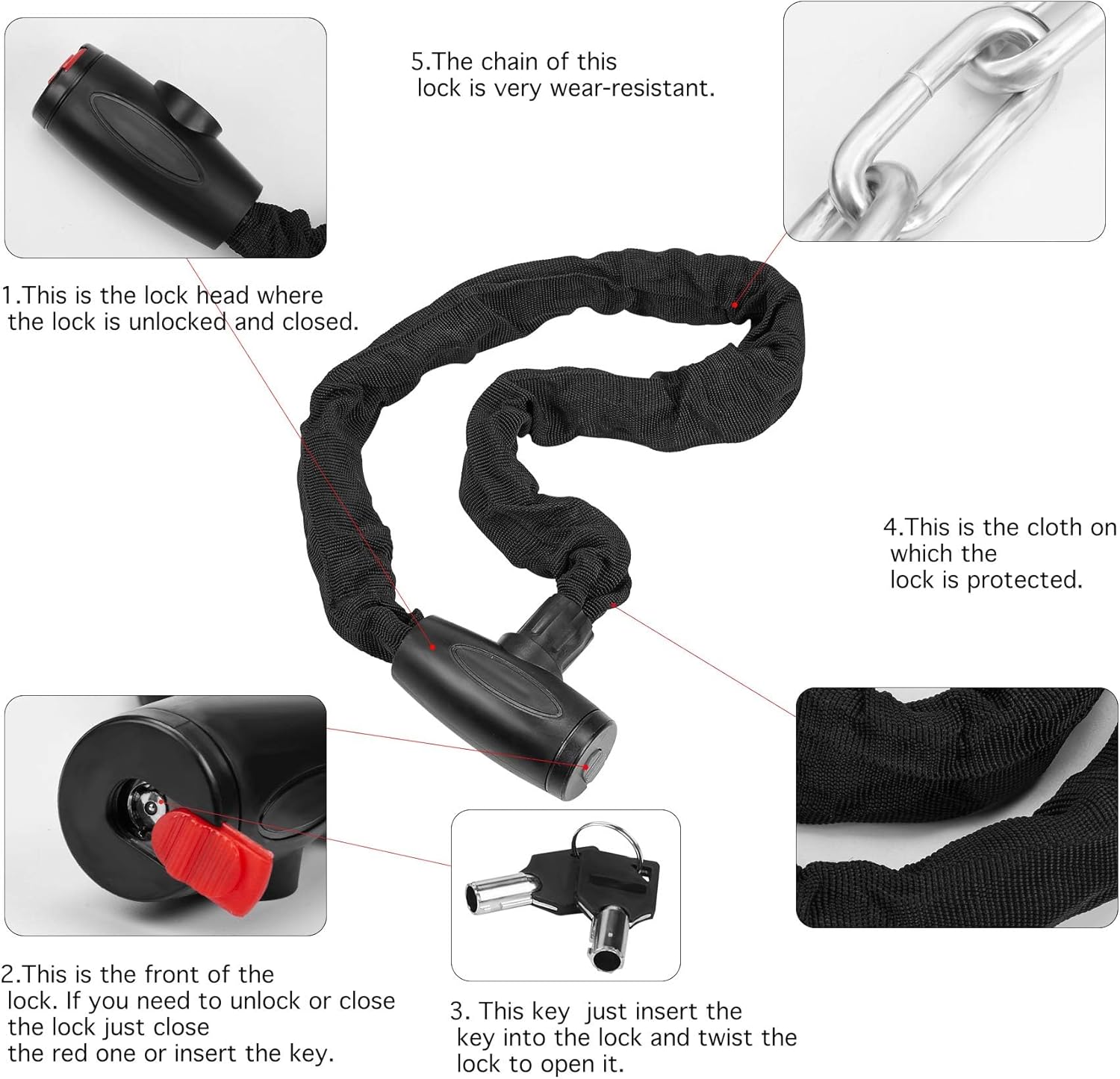 Bike Chain Locks with Keys, Anti-Theft Outdoor Lock for Bicycle,Motorcycle, Scooter, Bicycle, Door, Gate, Fence - Image 3