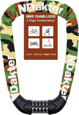 ndakter bike lock, 5 digit combination heavy duty anti theft bicycle chain lock, 2.62/3.2/4.27/5/6ft long, high security resettable, suitable for bike, scooter, door, gate, fence 4/6mm thick (copy)