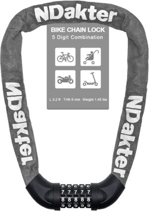 ndakter bike lock, 5 digit combination heavy duty anti theft bicycle chain lock, 2.62/3.2/4.27/5/6ft long, high security resettable, suitable for bike, scooter, door, gate, fence 4/6mm thick (copy)