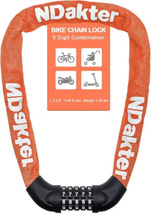 ndakter bike lock, 5 digit combination heavy duty anti theft bicycle chain lock, 2.62/3.2/4.27/5/6ft long, high security resettable, suitable for bike, scooter, door, gate, fence 4/6mm thick (copy)