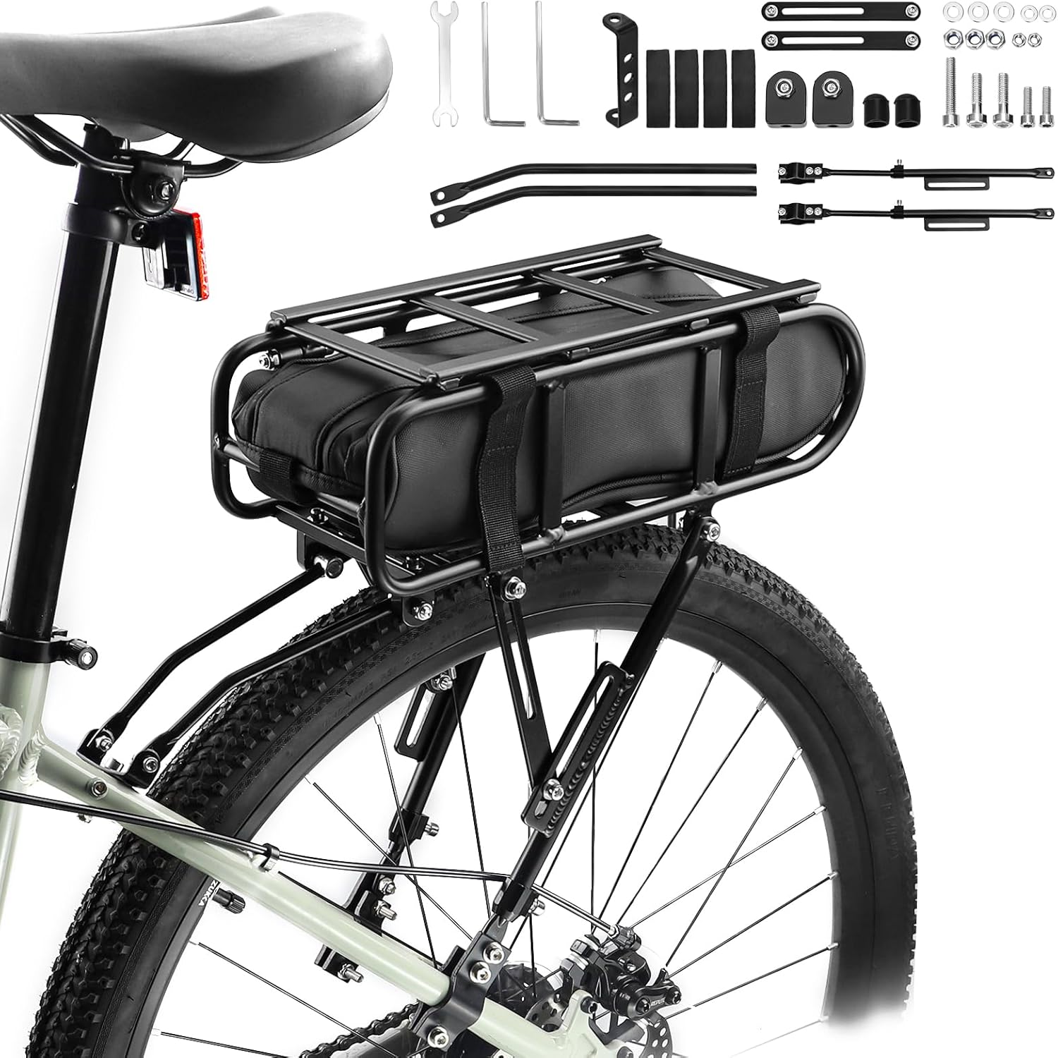aluminum rear bike rack universal adjustable touring carrier with 55lbs load capacity, quick release system & 5l waterproof multifunctional bag aluminum rear bike rack universal adjustable touring carrier with 55lbs load capacity, quick release system & 5l waterproof multifunctional bag