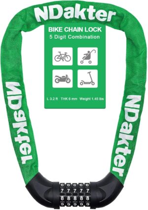 ndakter bike lock, 5 digit combination heavy duty anti theft bicycle chain lock, 2.62/3.2/4.27/5/6ft long, high security resettable, suitable for bike, scooter, door, gate, fence 4/6mm thick (copy)