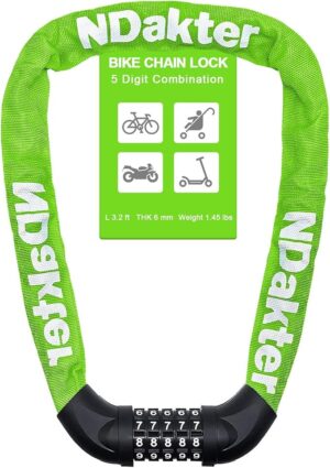 ndakter bike lock, 5 digit combination heavy duty anti theft bicycle chain lock, 2.62/3.2/4.27/5/6ft long, high security resettable, suitable for bike, scooter, door, gate, fence 4/6mm thick