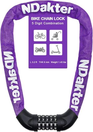 ndakter bike lock, 5 digit combination heavy duty anti theft bicycle chain lock, 2.62/3.2/4.27/5/6ft long, high security resettable, suitable for bike, scooter, door, gate, fence 4/6mm thick (copy)
