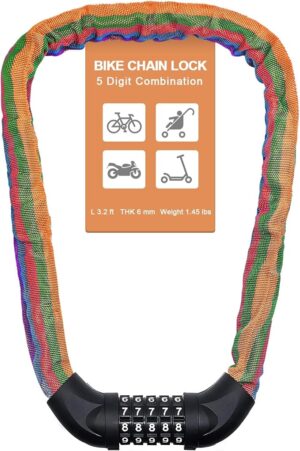 ndakter bike lock, 5 digit combination heavy duty anti theft bicycle chain lock, 2.62/3.2/4.27/5/6ft long, high security resettable, suitable for bike, scooter, door, gate, fence 4/6mm thick (copy)