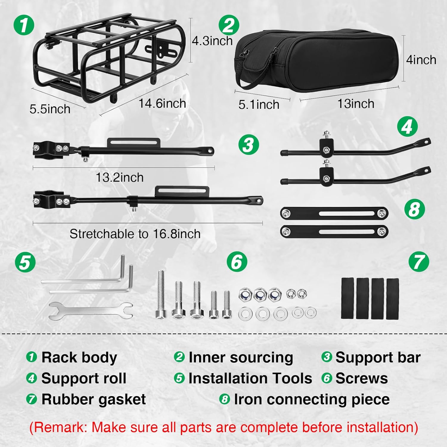 aluminum rear bike rack universal adjustable touring carrier with 55lbs load capacity, quick release system & 5l waterproof multifunctional bag aluminum rear bike rack universal adjustable touring carrier with 55lbs load capacity, quick release system & 5l waterproof multifunctional bag