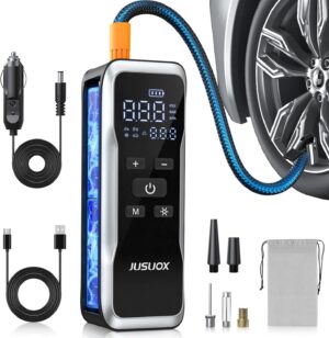 tire inflator portable air compressor, air pump for car tires 150psi cordless with battery and 12v dc, electric bike pump with pressure gauge, auto shutoff, for ball, motorcycle accessories