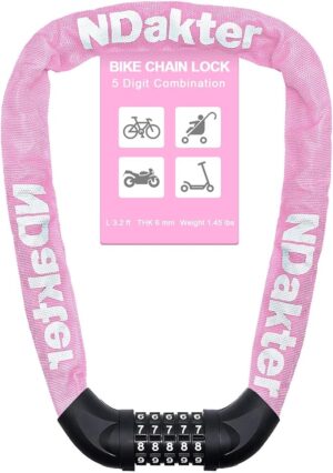 ndakter bike lock, 5 digit combination heavy duty anti theft bicycle chain lock, 2.62/3.2/4.27/5/6ft long, high security resettable, suitable for bike, scooter, door, gate, fence 4/6mm thick (copy)