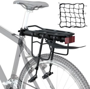 bike cargo rack w/fender & bungee cargo net & reflective logo,quick release mountain road bicycle rear racks,universal adjustable bike luggage touring carrier rack,large capacity bike pannier rack
