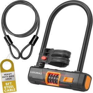 heavy duty bike lock with 5ft steel cable, 4 digit resettable combination u lock, durable cable lock for secure u lock bike protection