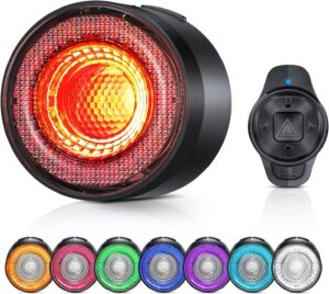 onvian colorful bike tail light with turn signals, usb rechargeable bike brake light with wireless remote, 15 light modes 7 colors waterproof cycling safety light for adults kids road mountain