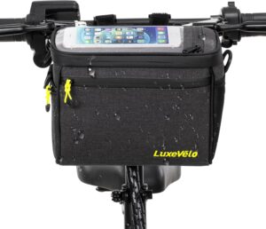 luxevelo bike handlebar bag with 6" transparent pouch, 360° sealed anti rust/slip zippers & bottle pocket – lightweight 3 layer weatherproof design, convertible strap for cycling, commute & travel