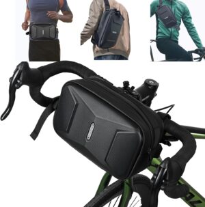 bike handlebar bag, eva waterproof bike front bag, 3.2l bicycle frame storage bag waist shoulder bag, bike pouch for road mountain bicycle cycling travel hiking