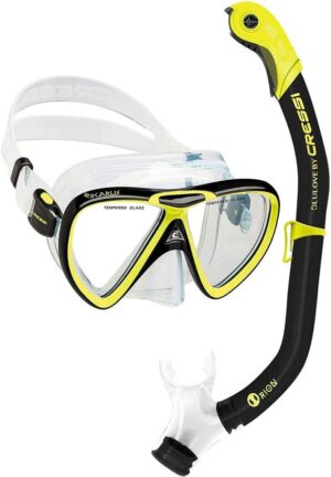 cressi adult snorkeling set in comfortable pure silicone mask & semi dry snorkel | ikarus & orion
