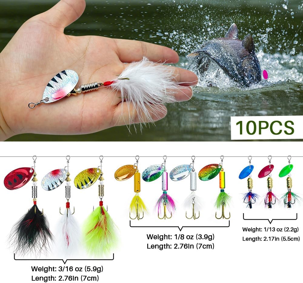 fouceclaus 10pcs spinner lures baits with tackle box, bass trout salmon hard metal rooster tail fishing lures kit fouceclaus 10pcs spinner lures baits with tackle box, bass trout salmon hard metal rooster tail fishing lures kit