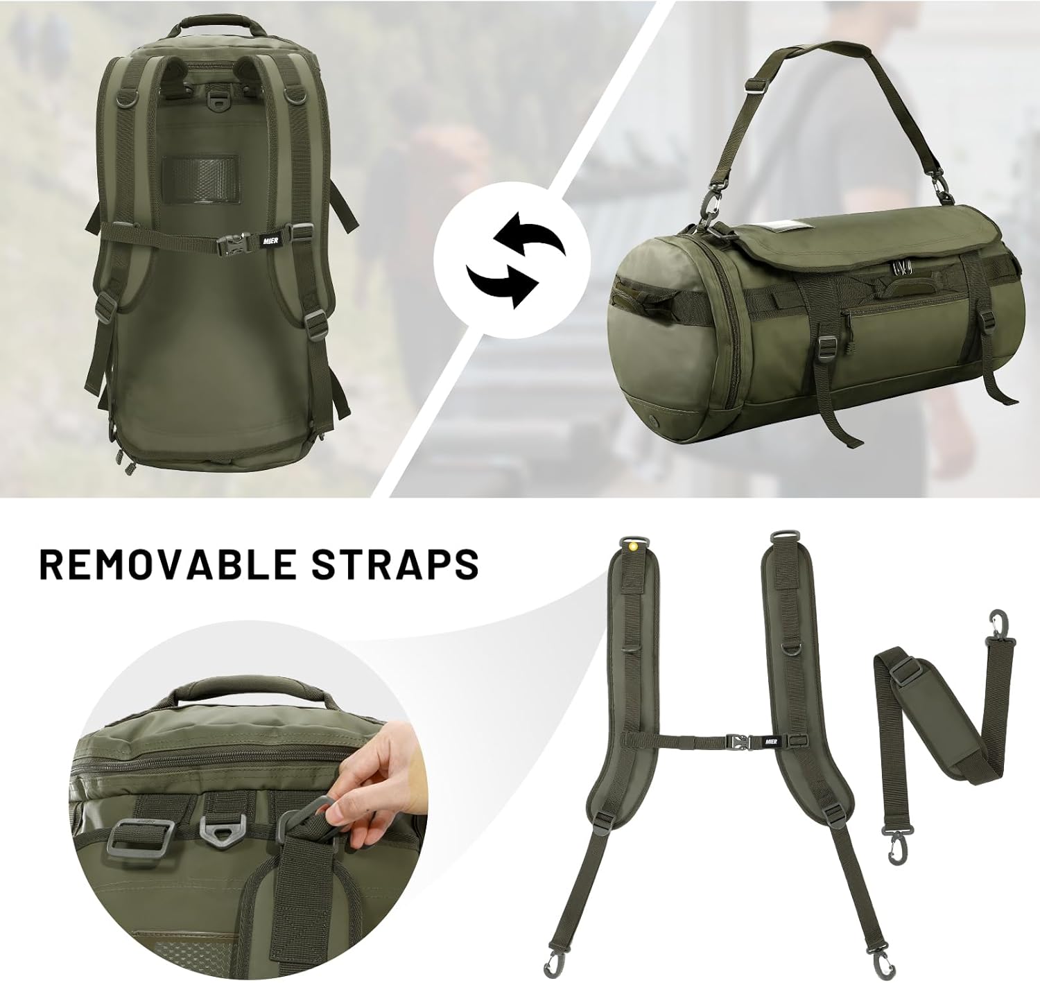 mier large duffel backpack sports gym bag with shoe compartment, heavy duty and water resistant, dark green, 90l mier large duffel backpack sports gym bag with shoe compartment, heavy duty and water resistant, dark green, 90l