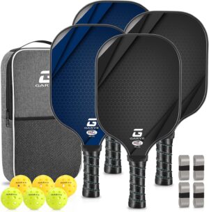 garye pickleball paddles set of 4, carbon fiber pickle ball paddle, usapa approved lightweight rackets 4 pack for adults and teenagers, includes 6 balls, 1 bag, and 4 grip tapes.