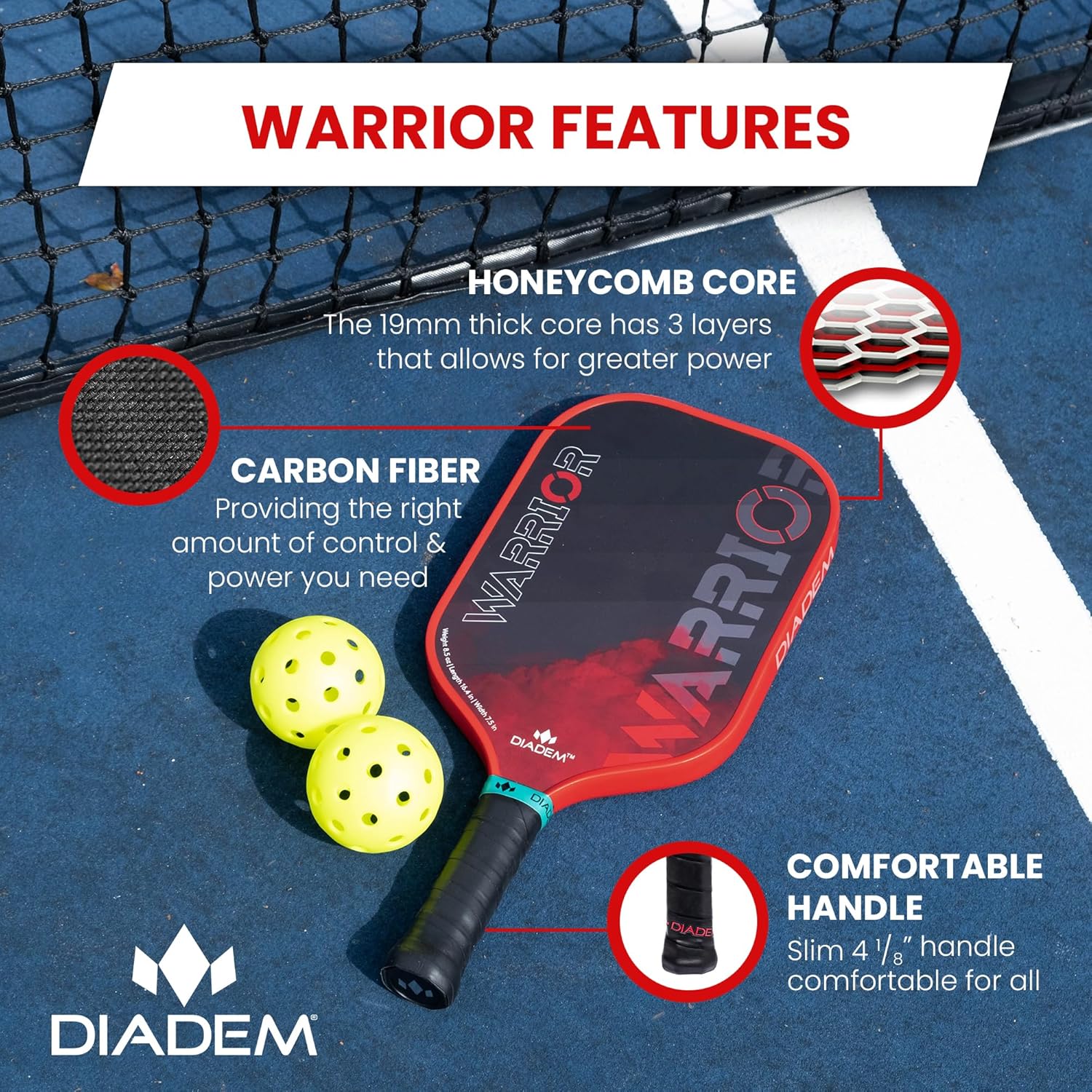 diadem warrior pickleball paddle | carbon fiber face, 3x l core hybrid nomex polymer honeycomb core, grit paint surface for spin, control and power | indoor/outdoor | usapa approved diadem warrior pickleball paddle | carbon fiber face, 3x l core hybrid nomex polymer honeycomb core, grit paint surface for spin, control and power | indoor/outdoor | usapa approved
